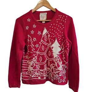 Christmas Sweater Women Small Red Beaded Winter Scene Family Holiday Party Retro